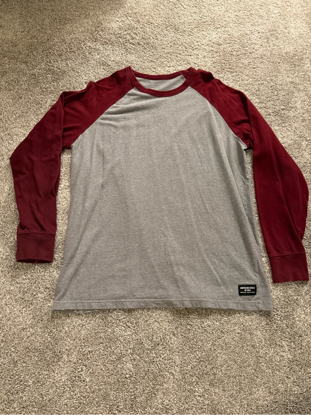 American Eagle Outfitters Gray Body with Maroon Raglan Long-Sleeve Tee